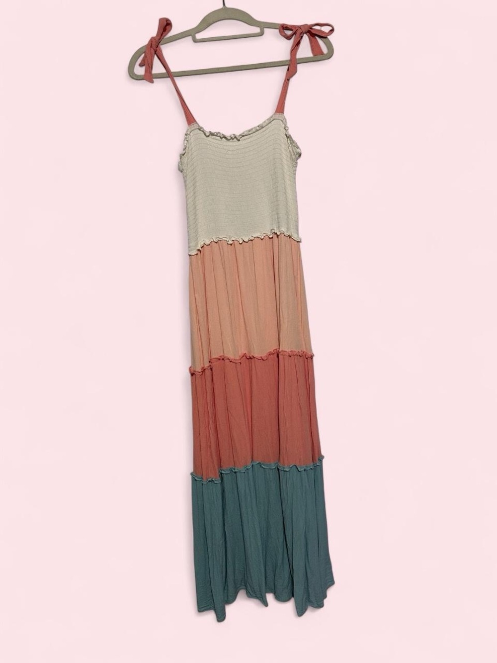 BeBop Multi-Tier Tie-Shoulder Maxi Dress in Cream, Peach, Rust & Teal